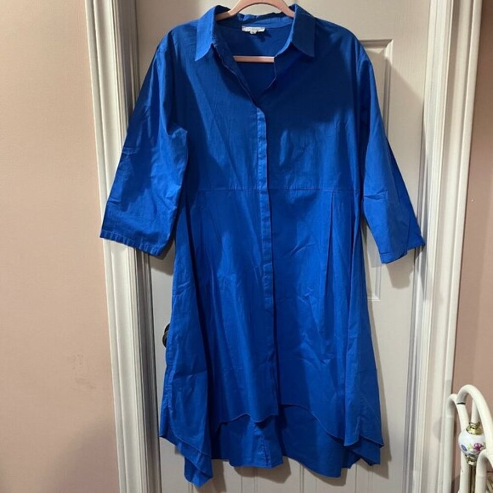Vanessa Zani Italian Royal Blue Cotton Collared Shirt Dress 3/4 Sleeves Medium